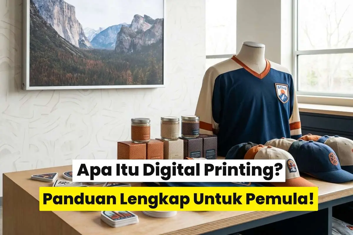 Contoh produk hasil digital printing seperti jersey, topi, stiker, dan kemasan yang ditampilkan di meja sebagai ilustrasi apa itu digital printing.
