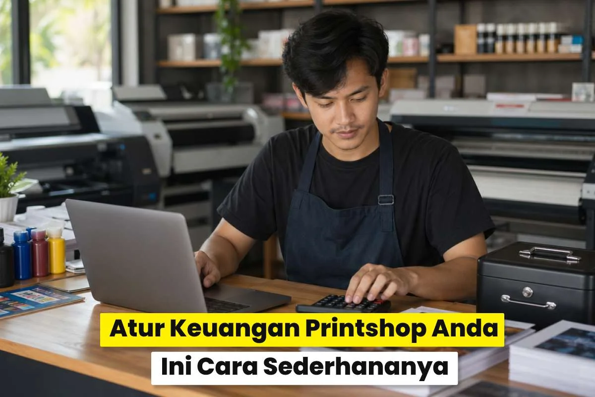 Pemilik printshop menghitung keuangan dengan laptop dan kalkulator sebagai ilustrasi manajemen keuangan printshop sederhana