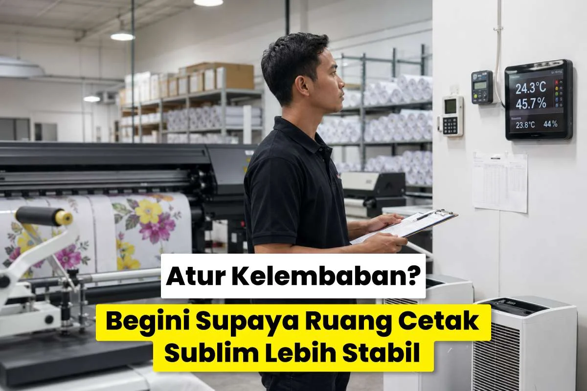 Operator memantau suhu dan kelembaban ruang produksi cetak sublim menggunakan hygrometer digital di area percetakan.