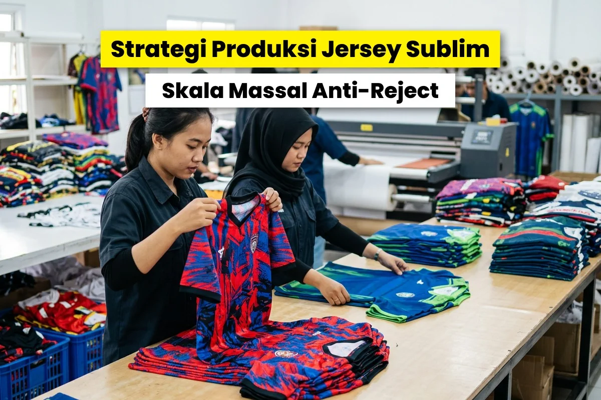 Tim produksi di workshop konveksi sedang melakukan pengecekan warna dan proses heat press dalam produksi jersey sublim skala massal.