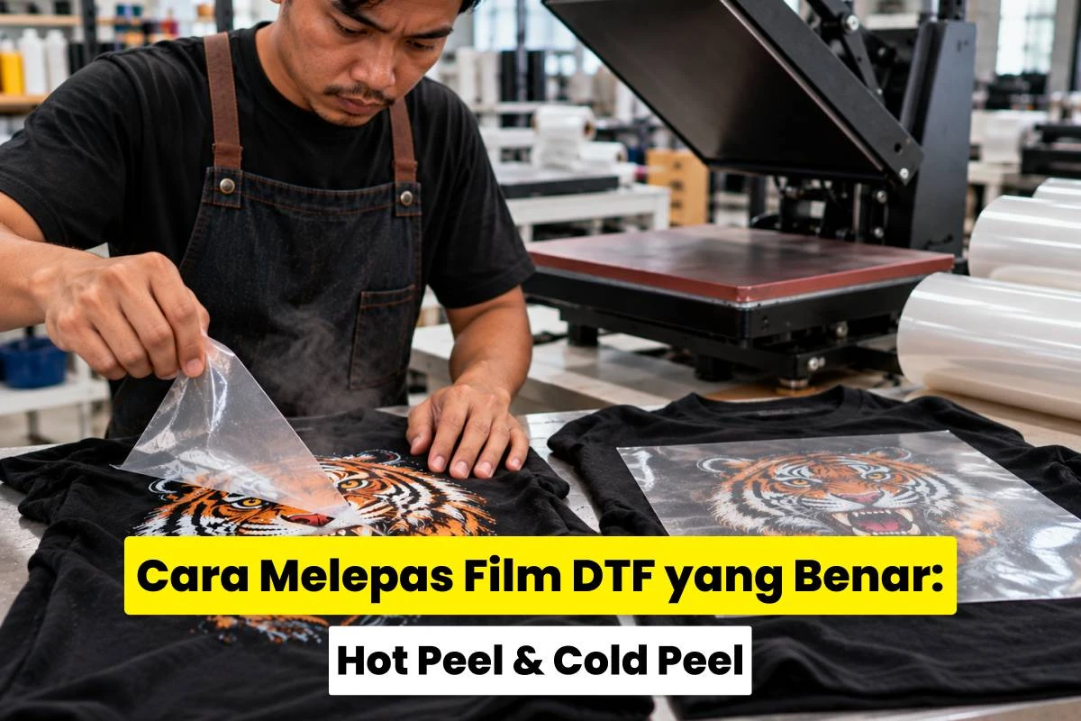 Proses melepas film DTF dari kaos setelah heat press sebagai cara peel film DTF yang benar agar tidak rusak.