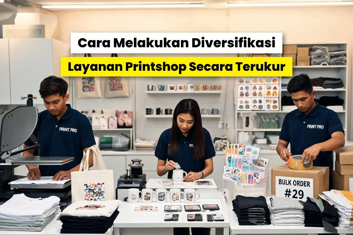 Tim printshop sedang mengerjakan berbagai produk custom seperti kaos, mug, dan stiker sebagai contoh diversifikasi layanan printshop yang sudah berjalan.
