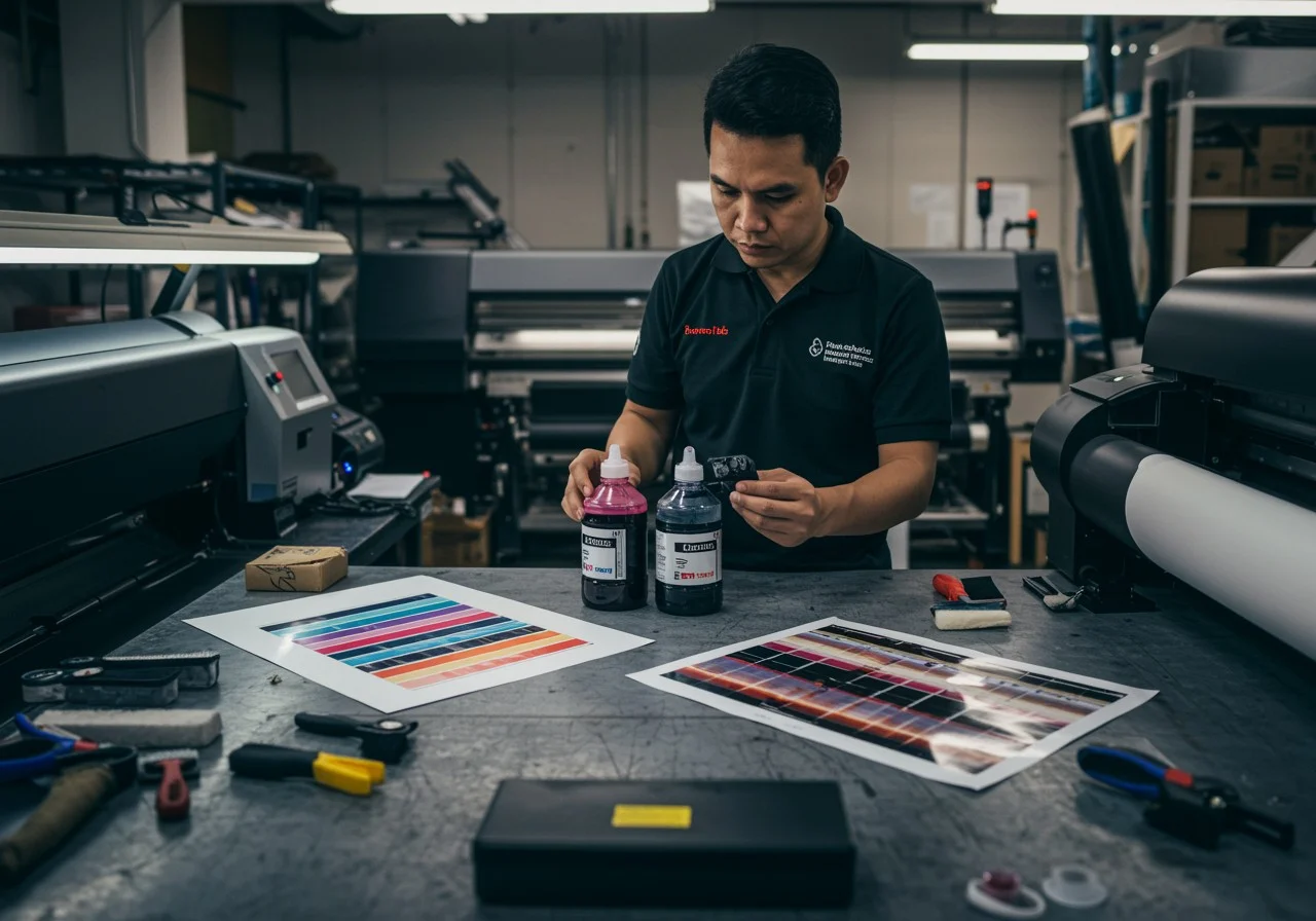 Operator printshop memeriksa tinta printer dan hasil cetak warna untuk membandingkan tinta premium dan generik dalam biaya operasional printshop per bulan.