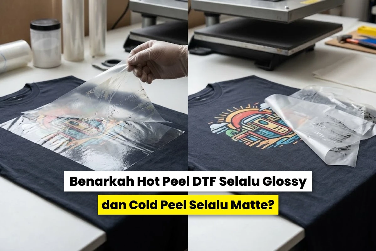 Perbandingan proses pelepasan film DTF pada kaos hitam untuk melihat hasil akhir hot peel DTF glossy atau matte dibandingkan cold peel.