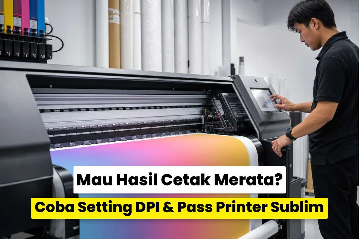 Operator mengatur printer sublim format besar untuk mendapatkan hasil cetak rata dengan setting DPI dan pass printer sublim anti banding.