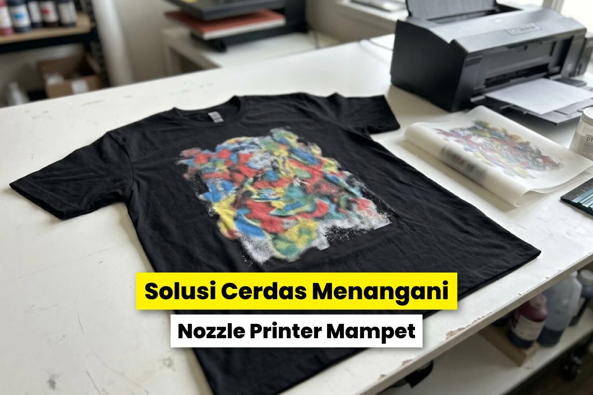 Kaos hitam hasil printing di samping printer sebagai ilustrasi cara mengatasi nozzle printer mampet.