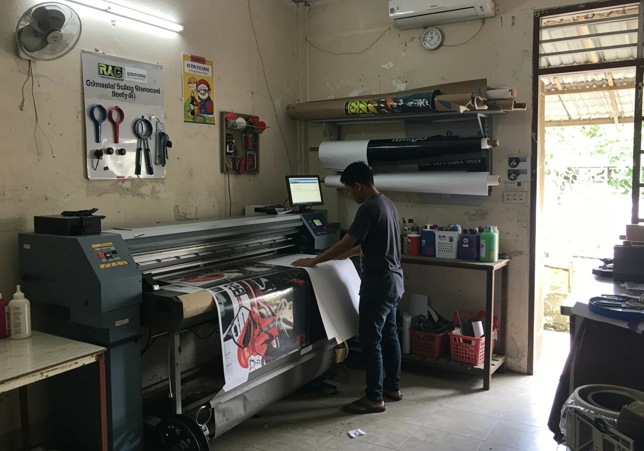 Operator menjalankan mesin digital printing large format di workshop kecil sebagai gambaran biaya operasional printshop per bulan skala mikro.