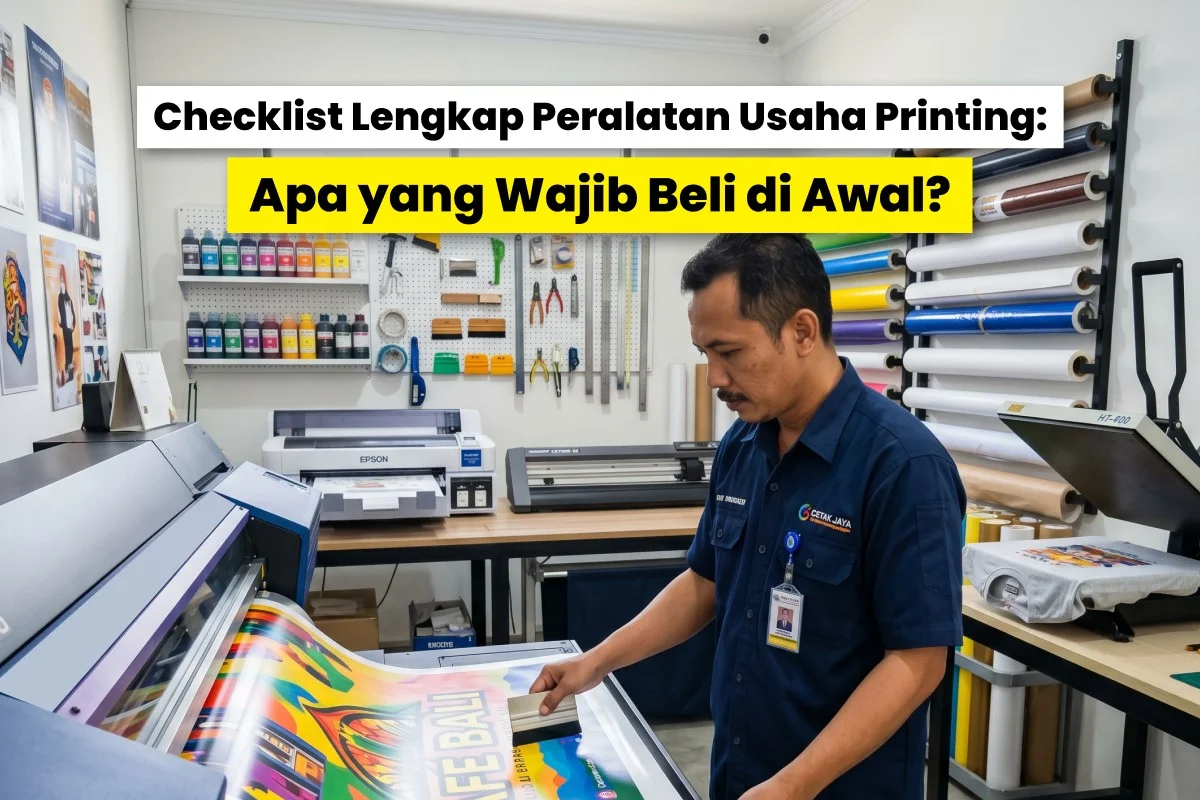 Operator digital printing mengoperasikan printer large format di workshop percetakan sebagai bagian dari checklist peralatan usaha printing yang wajib dimiliki saat memulai bisnis.