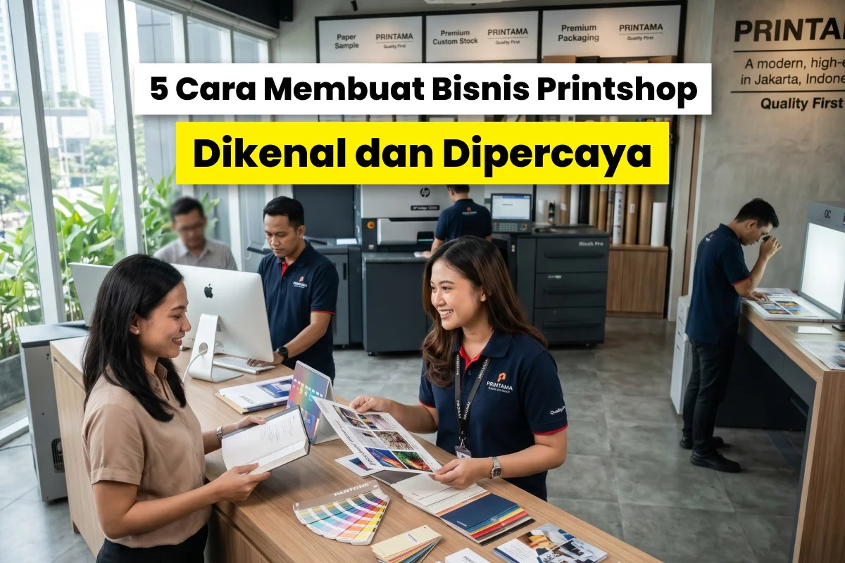 Tim printshop melayani pelanggan di area showroom sambil menunjukkan contoh hasil cetak sebagai ilustrasi membangun brand usaha digital printing yang profesional dan terpercaya.