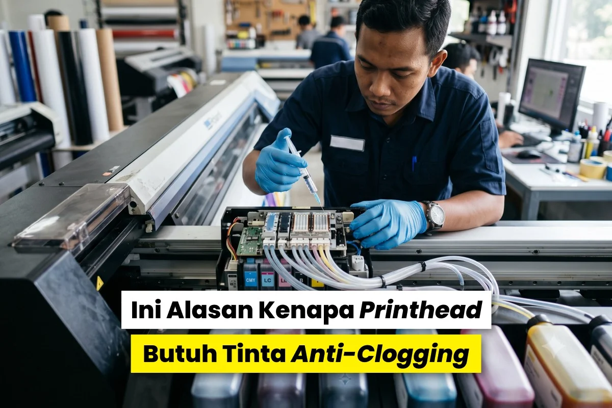 Teknisi sedang melakukan perawatan printhead pada printer large format untuk menjaga performa menggunakan tinta printer anti clogging printhead.