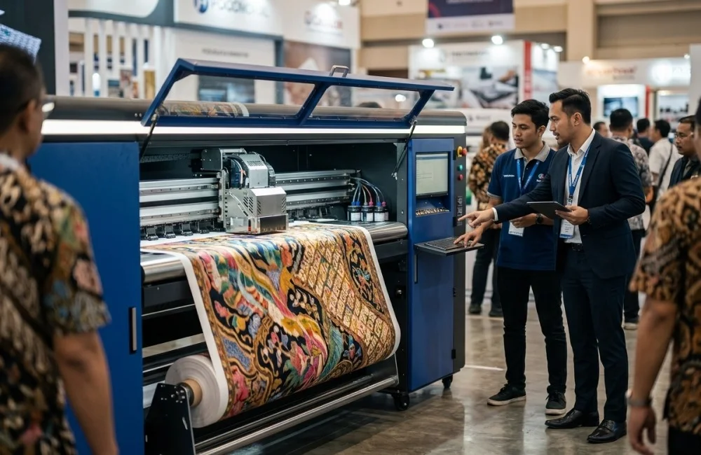 Mesin digital printing tekstil mencetak kain bermotif saat pameran Indo Intertex 2026 dengan pengunjung melihat performa mesin.