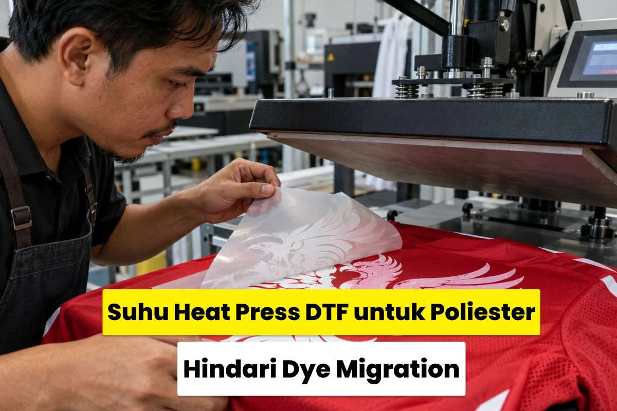Operator melepas film transfer DTF dari jersey poliester merah di mesin heat press untuk menghasilkan sablon berkualitas dan menghindari dye migration.