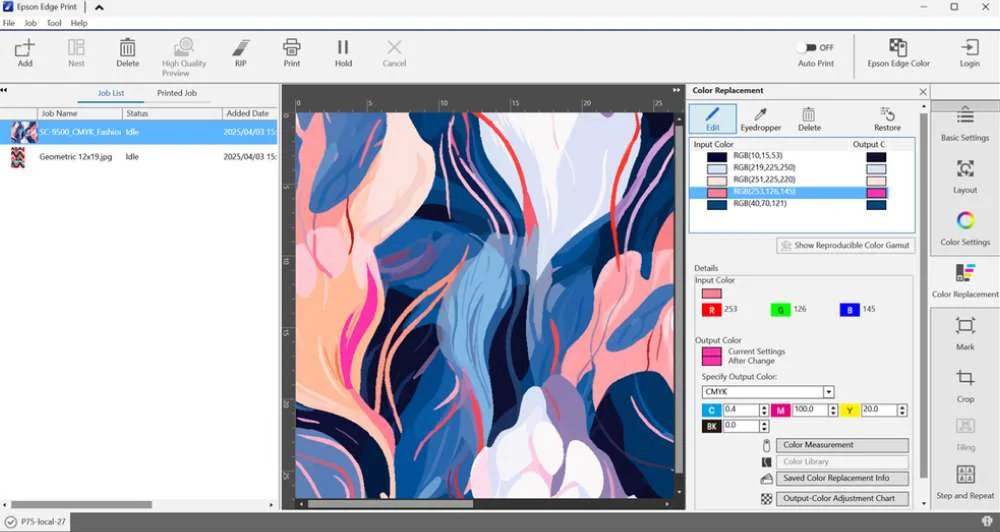 Tampilan software RIP dengan pengaturan color replacement dan manajemen warna untuk memastikan setting printer sublim untuk jersey menghasilkan warna akurat.