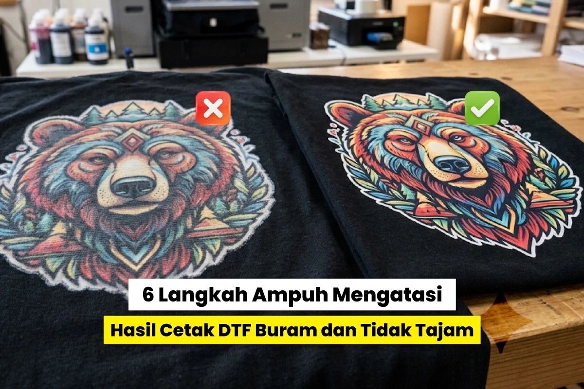 Perbandingan hasil cetak DTF buram dan tidak tajam dengan hasil cetak tajam pada kaos hitam.