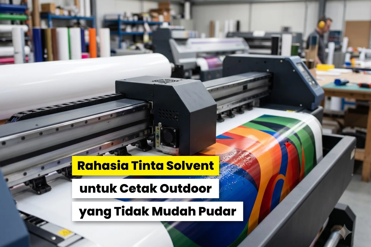 Mesin large format printer mencetak banner warna-warni menggunakan tinta solvent untuk outdoor printing yang tahan terhadap cuaca dan sinar UV.