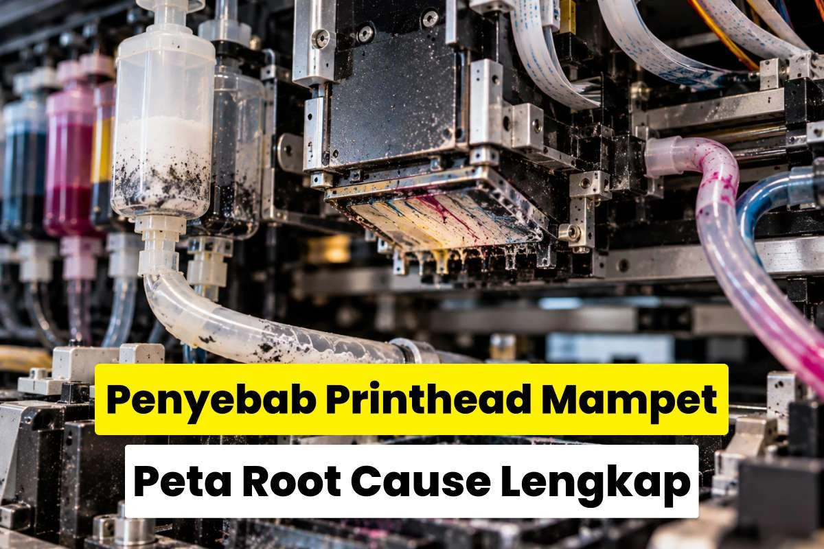 Bagian printhead printer industri dengan selang tinta dan residu tinta yang dapat menjadi penyebab printhead mampet.