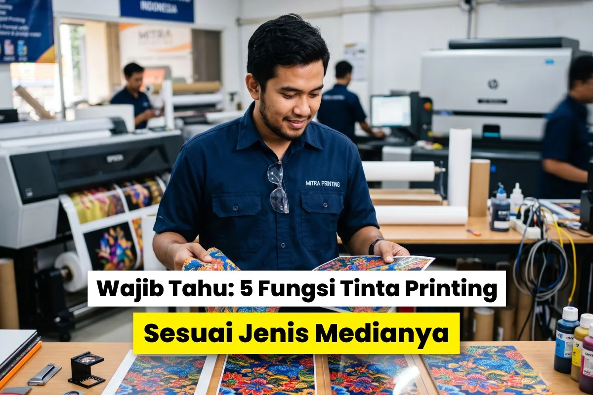 Teknisi percetakan memeriksa hasil cetak berwarna di depan mesin digital printing sebagai ilustrasi fungsi tinta printing berdasarkan media untuk berbagai kebutuhan cetak.