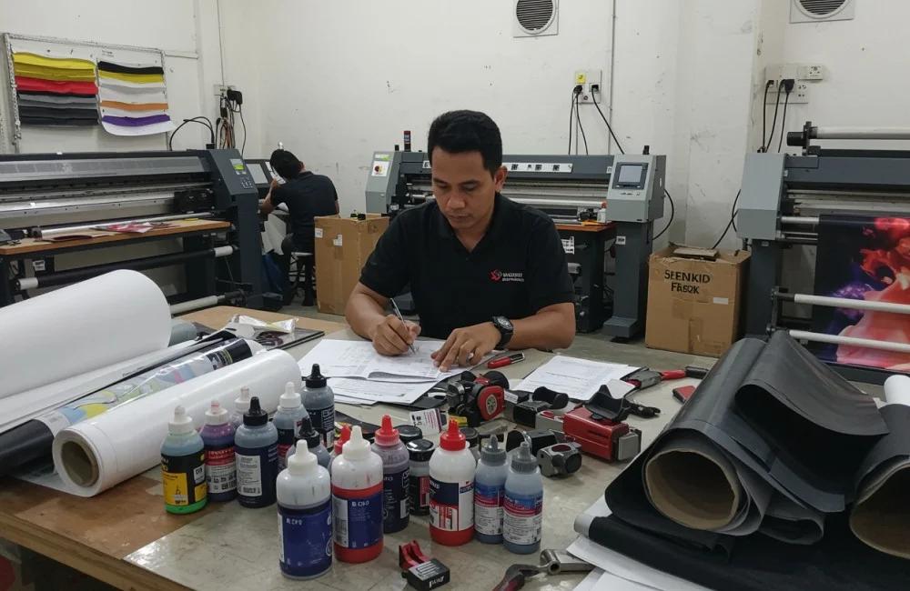 Aktivitas di workshop digital printing dengan tinta printer, media cetak, dan mesin large format sebagai komponen biaya operasional printshop per bulan.