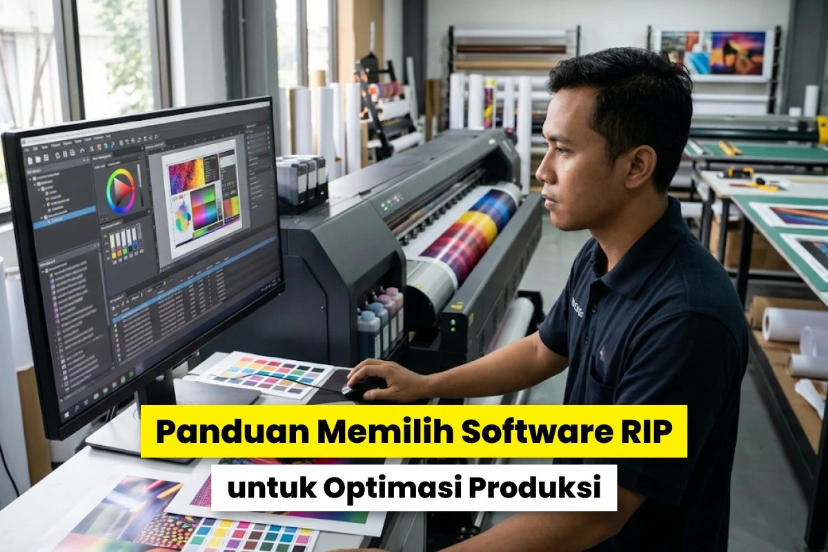 Operator percetakan mengatur alur kerja dan profil warna pada antarmuka software RIP di depan printer format besar.