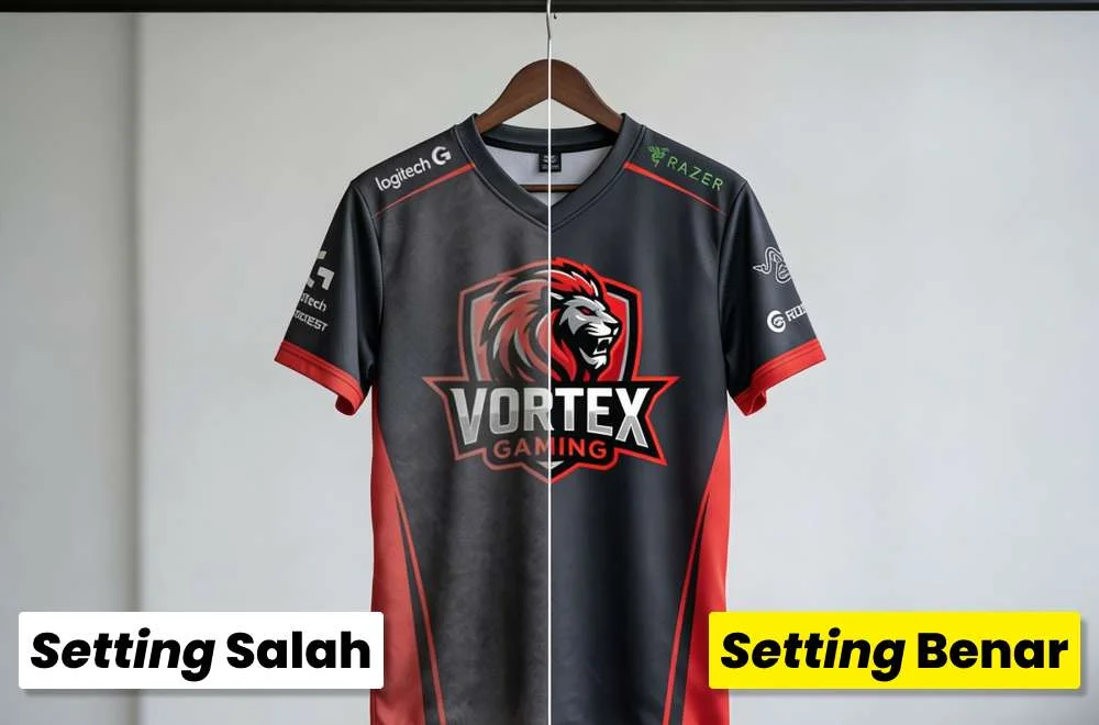 Perbandingan hasil cetak jersey sublim dengan setting printer sublim untuk jersey yang salah dan benar, menunjukkan perbedaan ketajaman warna dan detail desain.
