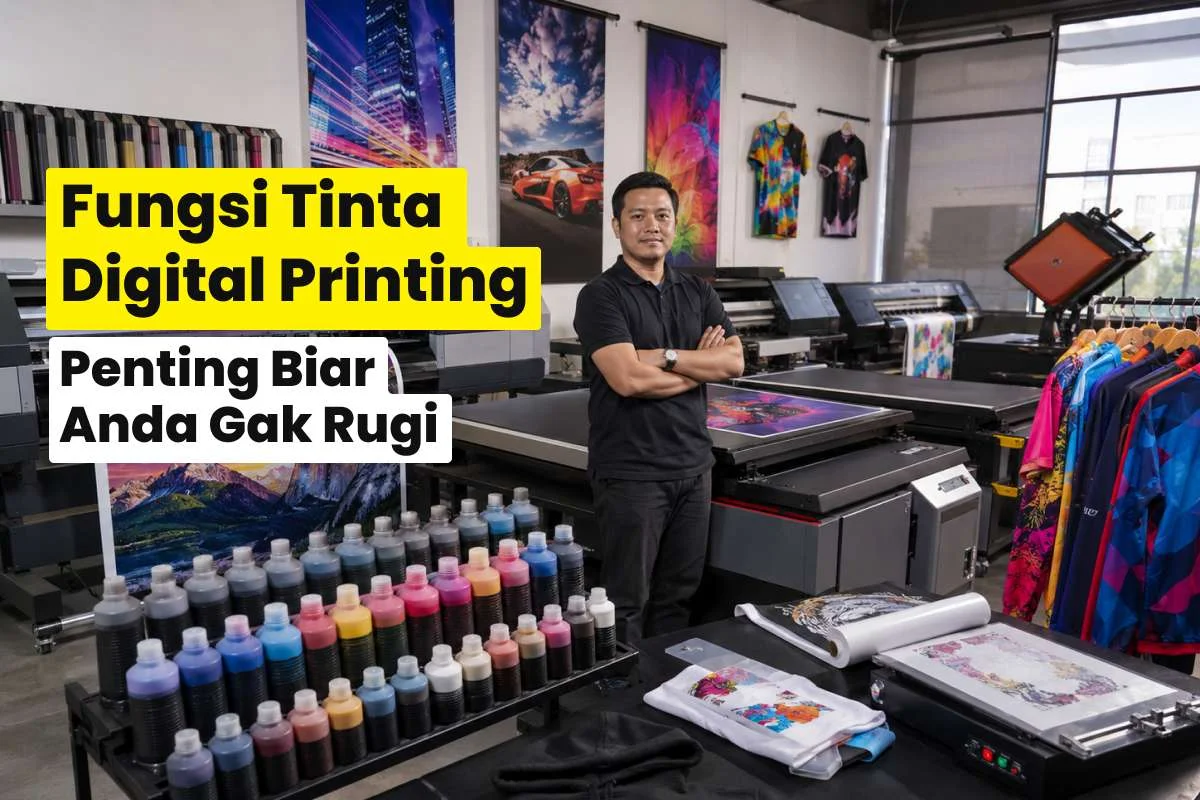 Berbagai botol tinta digital printing di depan mesin cetak format besar dengan operator printshop. Ilustrasi jenis tinta digital printing untuk berbagai kebutuhan cetak indoor dan outdoor.