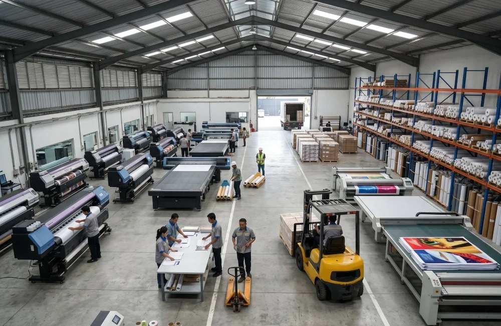 Fasilitas digital printing di kawasan industri dengan mesin large format, area produksi luas, dan rak penyimpanan material. Cocok sebagai lokasi usaha digital printing skala menengah.