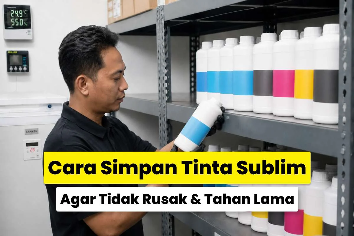 Teknisi memeriksa botol tinta sublim yang tersimpan rapi di rak dengan suhu dan kelembapan terkontrol sebagai contoh cara simpan tinta sublim agar kualitas terjaga.