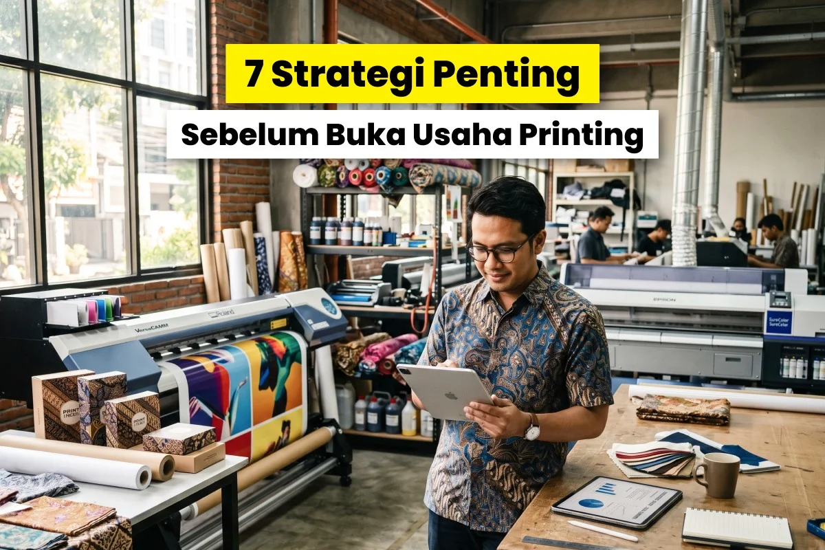Pebisnis sedang menyusun bisnis plan di workshop digital printing sebagai langkah menjawab pertanyaan sebelum buka usaha printing.