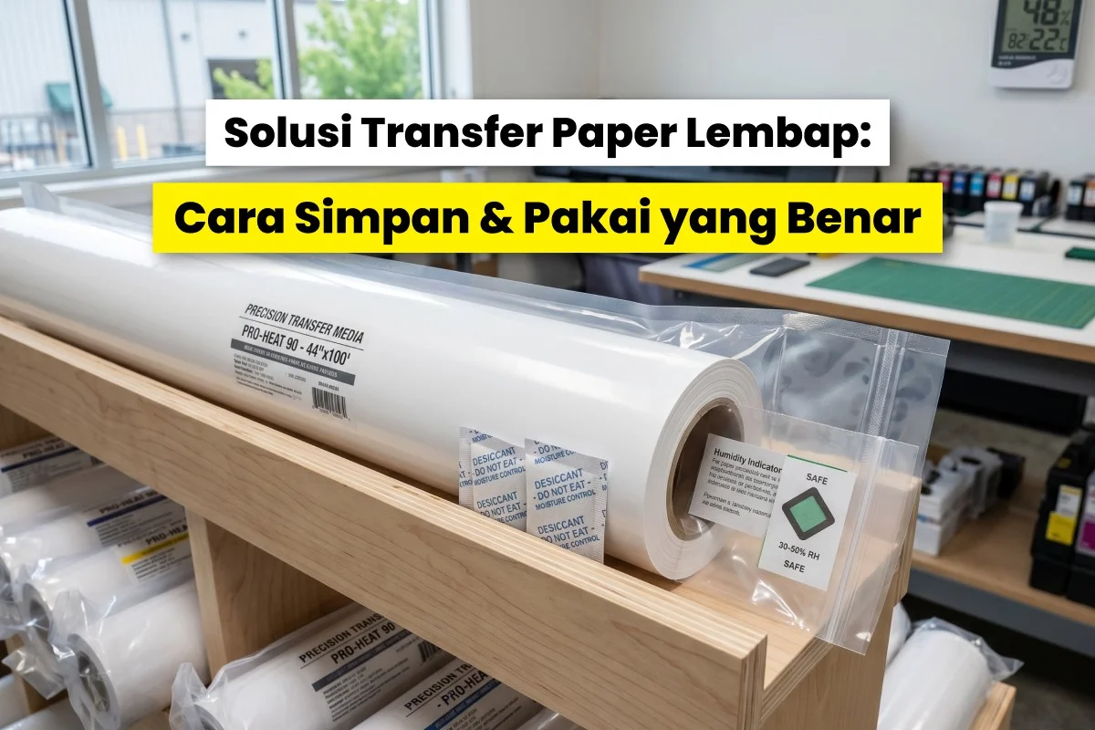 Gulungan transfer paper disimpan dalam kemasan kedap udara dengan silica gel dan indikator kelembapan untuk mencegah transfer paper lembap bergelombang.