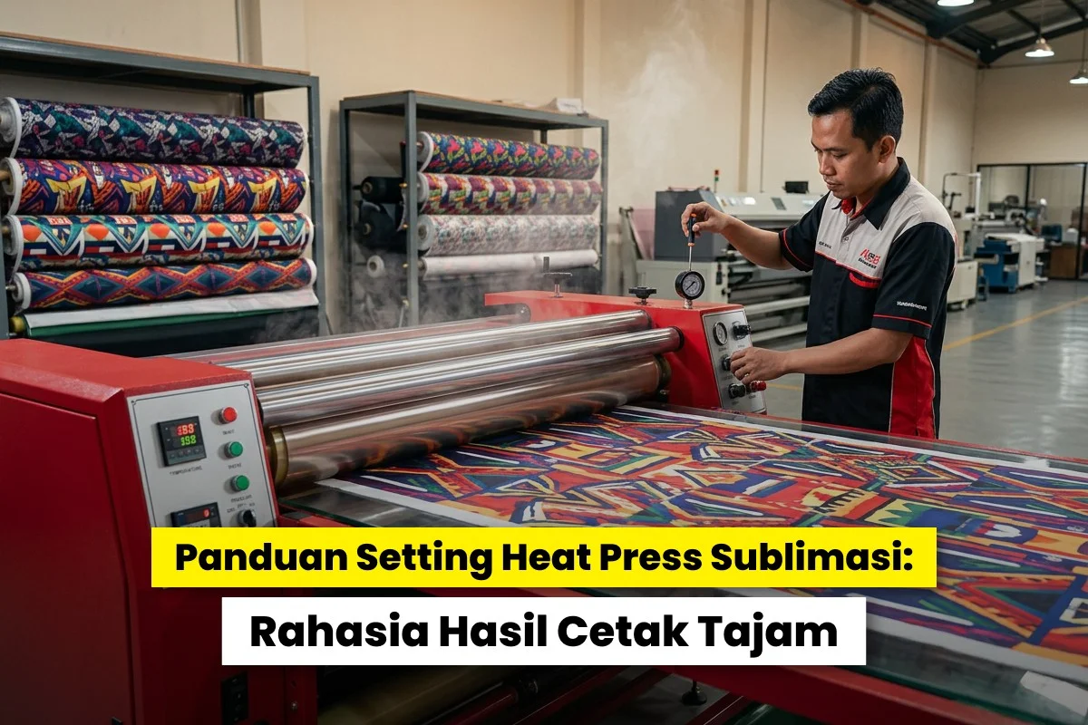Proses setting heat press sublimasi pada mesin roll untuk mencetak desain warna pada kain polyester di workshop produksi
