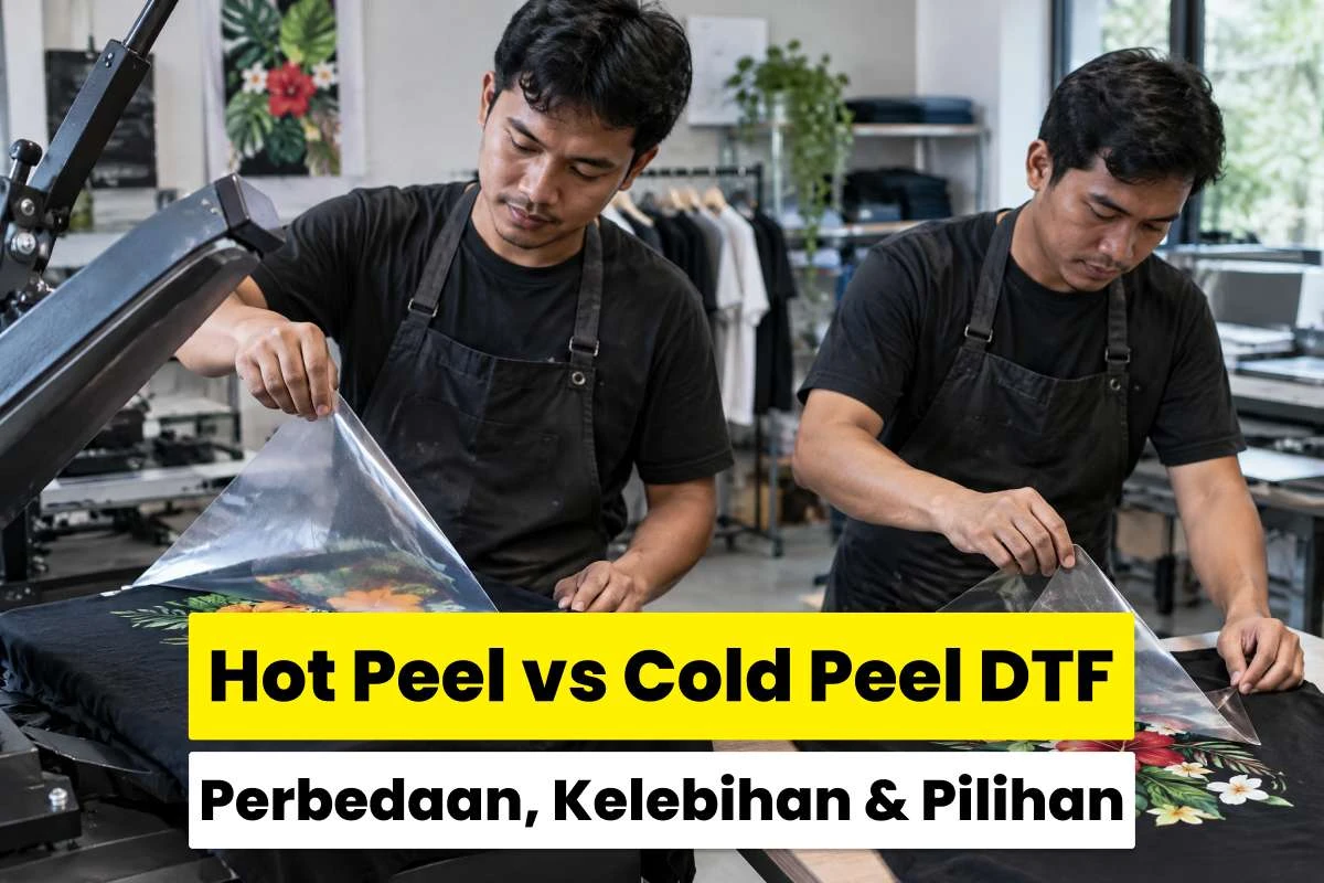 Proses pengelupasan film DTF pada kaos yang menunjukkan perbedaan hot peel dan cold peel DTF.