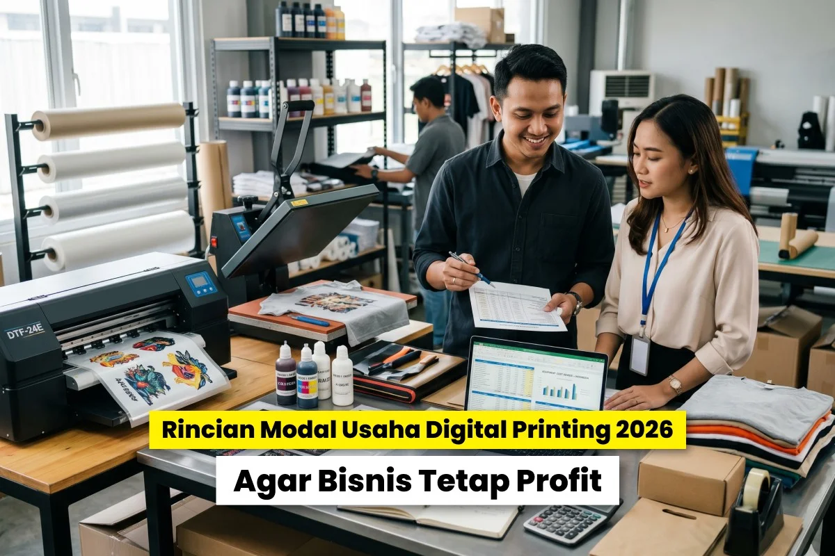 Tim bisnis digital printing menghitung rincian biaya operasional dan modal usaha digital printing 2026 di ruang produksi percetakan modern.