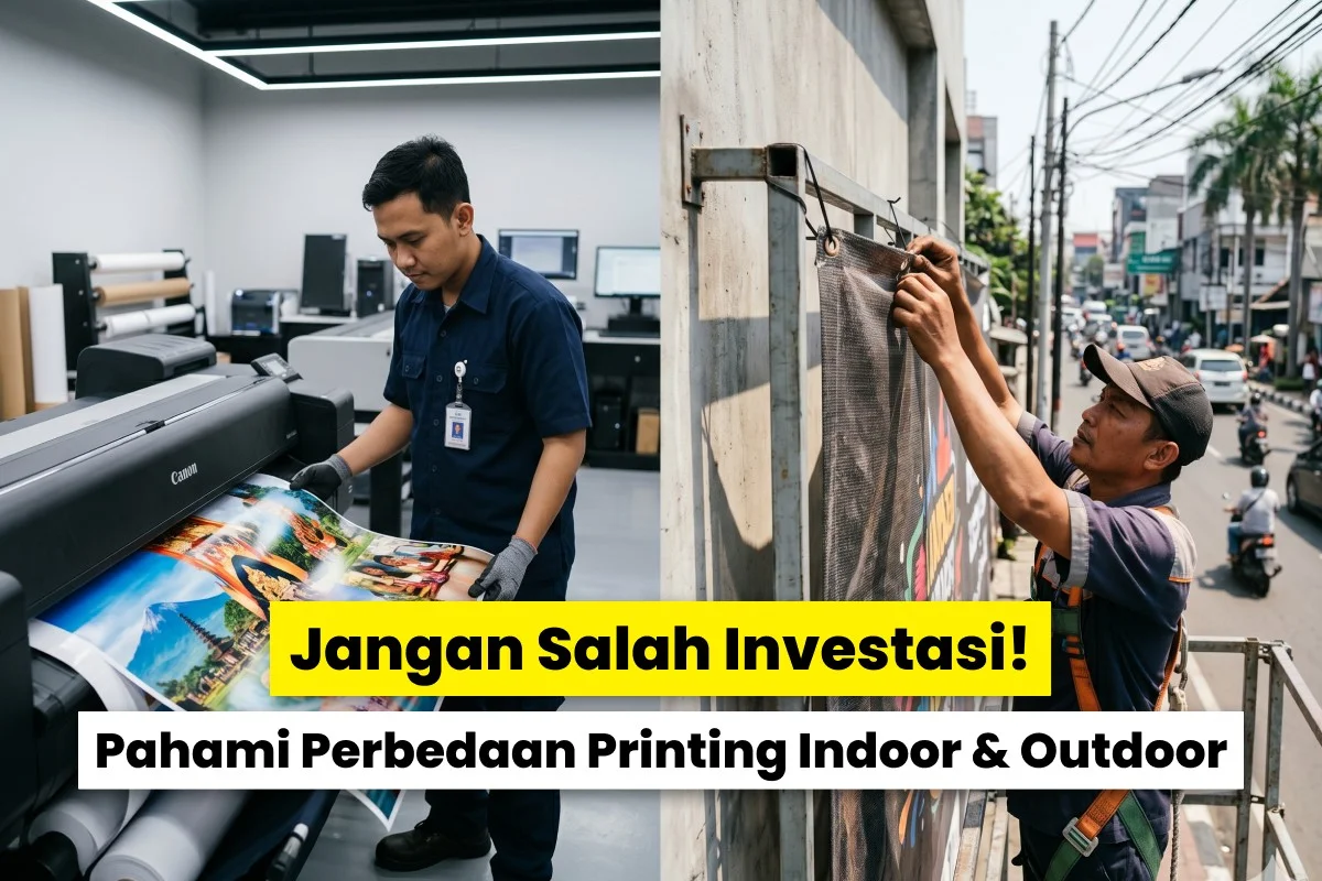 Teknisi digital printing indoor dan pemasangan banner outdoor yang menunjukkan perbedaan printing indoor dan outdoor untuk kebutuhan bisnis printshop.