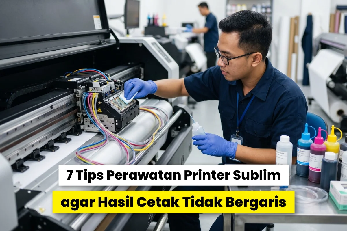 Teknisi melakukan perawatan printhead pada printer sublim format besar untuk menjaga kualitas cetak dan mencegah hasil bergaris.