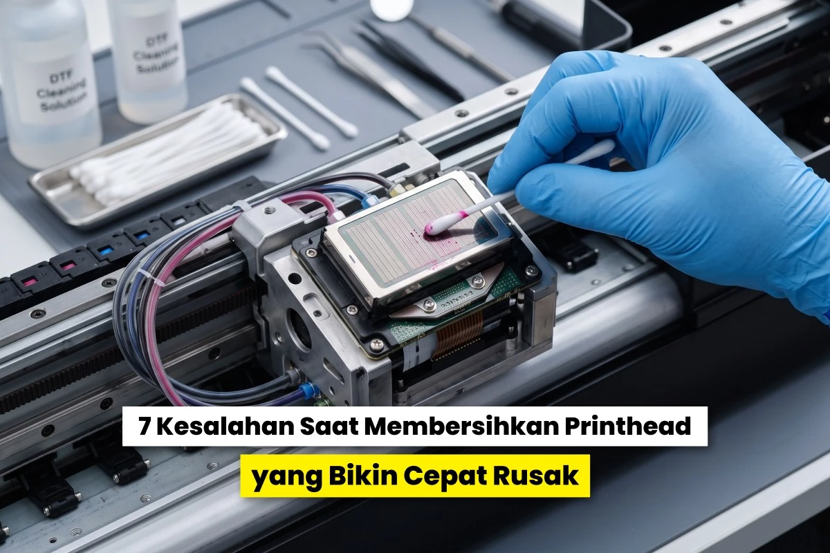 Proses pembersihan printhead tanpa merusak menggunakan swab pada mesin printer large format.