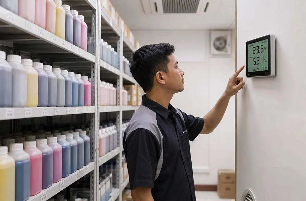 Teknisi memantau suhu dan kelembapan ruang penyimpanan tinta sublim menggunakan panel digital sebagai bagian dari cara simpan tinta sublim agar kualitas terjaga.