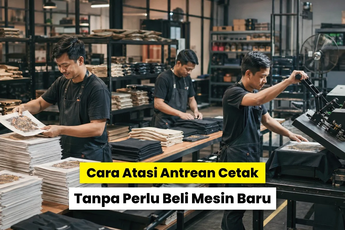 Tim operator printshop mengatur antrean cetak dan menjalankan mesin untuk meningkatkan kapasitas produksi printing tanpa tambah mesin