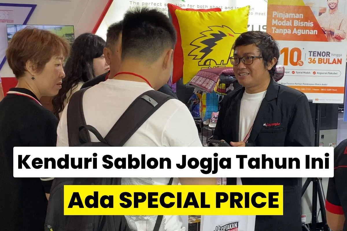 Pengunjung berkonsultasi di booth Laysander saat kenduri sablon jogja 2026 dengan penawaran special price mesin printing dan sablon.