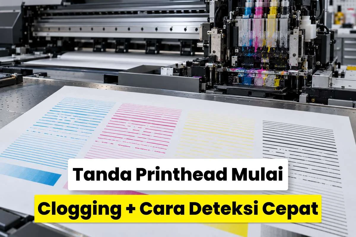 Hasil nozzle check printer dengan garis warna yang terputus sebagai tanda printhead mulai clogging.