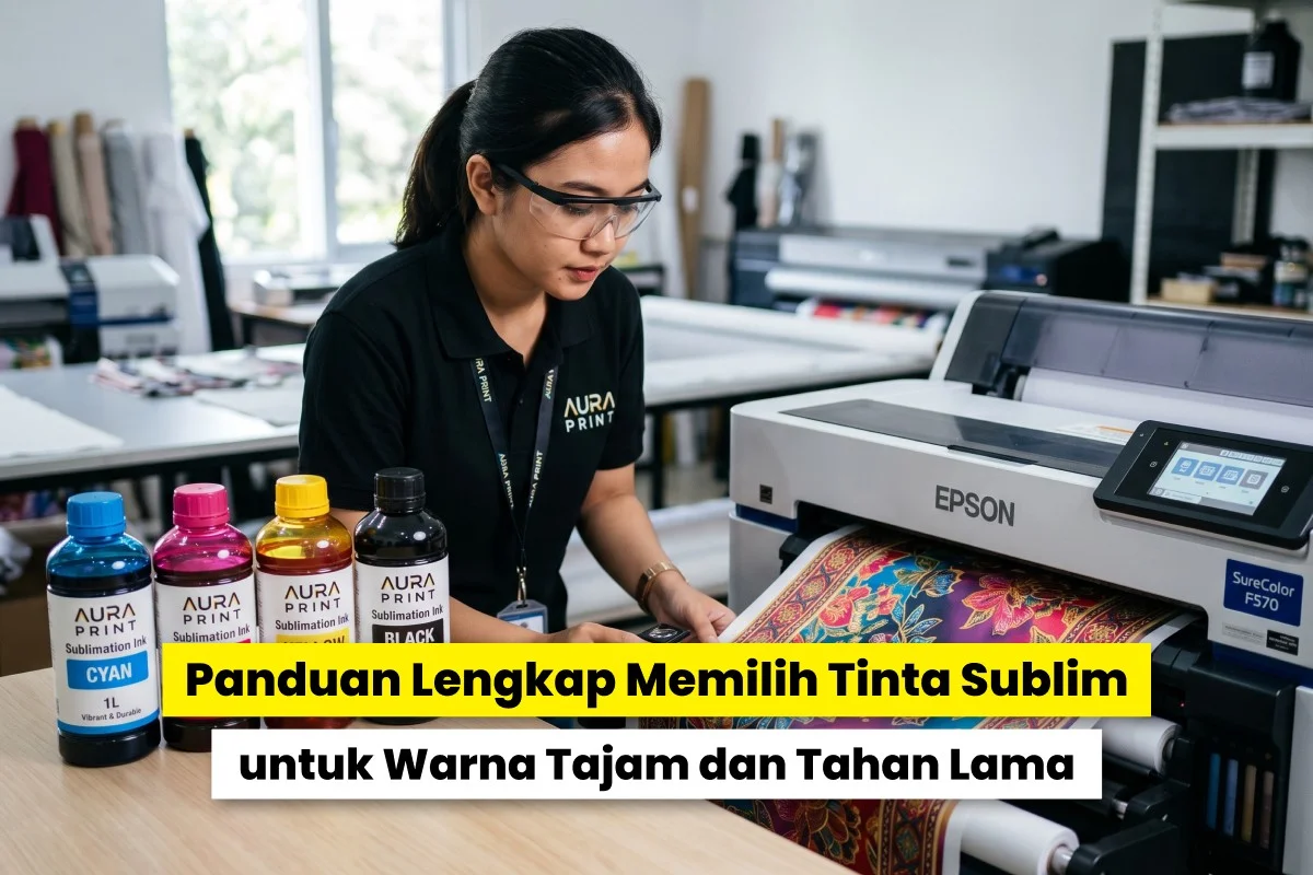 Teknisi sedang menggunakan printer sublimasi dengan tinta warna CMYK untuk memilih tinta sublim untuk warna tajam tahan lama pada cetak kain polyester.