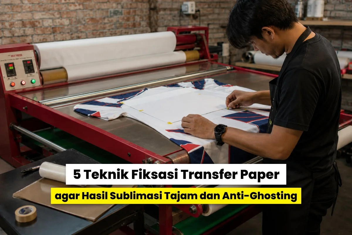 Operator sedang memasang transfer paper pada jersey menggunakan mesin heat press untuk mencegah ghosting pada hasil sublimasi.