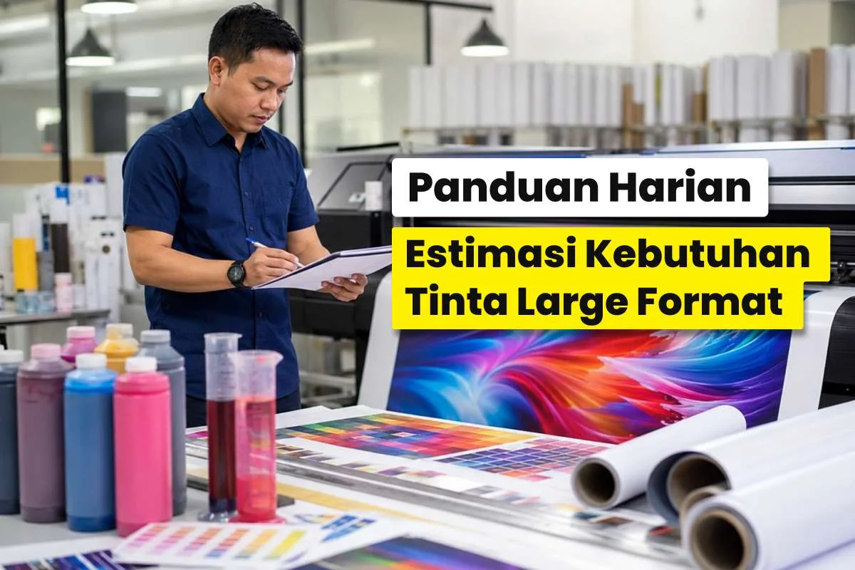 Operator memeriksa produksi pada mesin large format dengan botol tinta dan hasil cetak warna sebagai ilustrasi kebutuhan tinta mesin large format per hari.