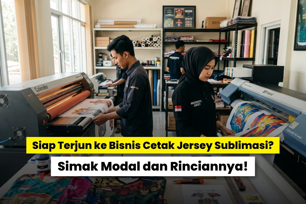 Proses produksi bisnis cetak jersey sublimasi di workshop dengan mesin printer dan heat press