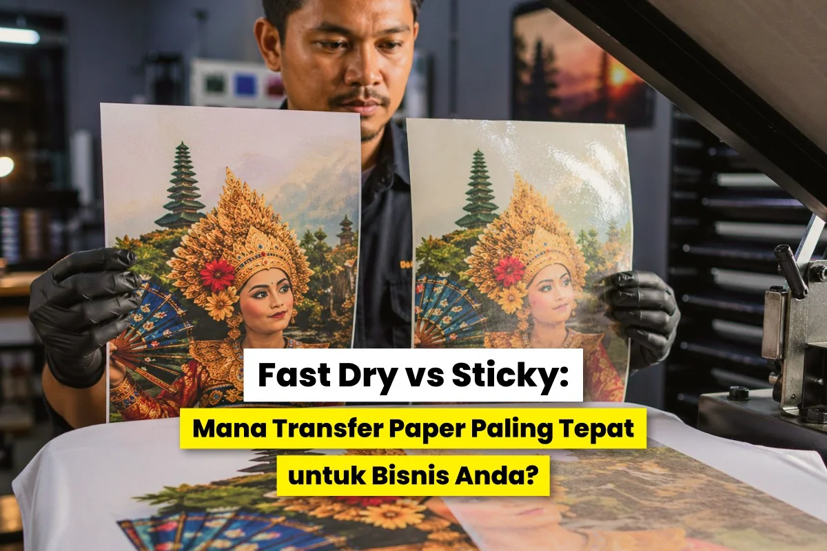 Pria membandingkan hasil cetak sublimasi pada dua transfer paper fast dry dan sticky untuk melihat perbedaan warna dan kualitas.
