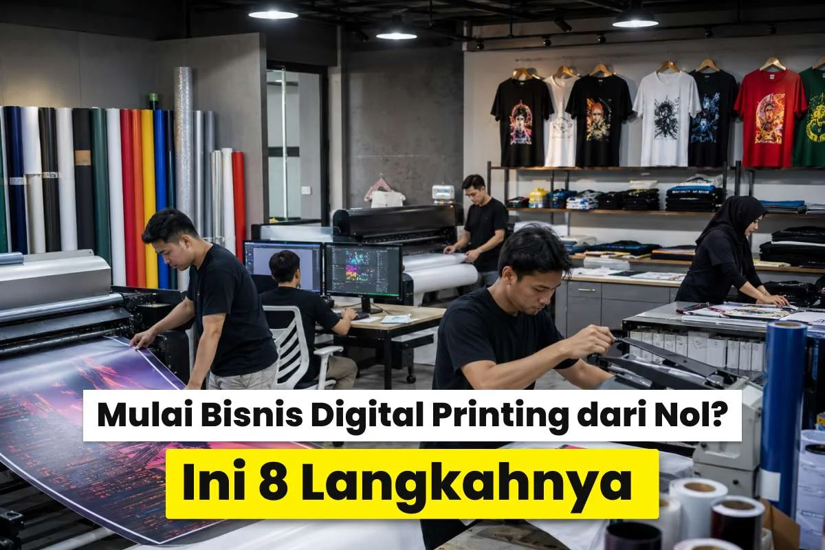 Tim sedang menjalankan produksi di tempat usaha digital printing dengan berbagai mesin cetak dan contoh produk custom apparel.