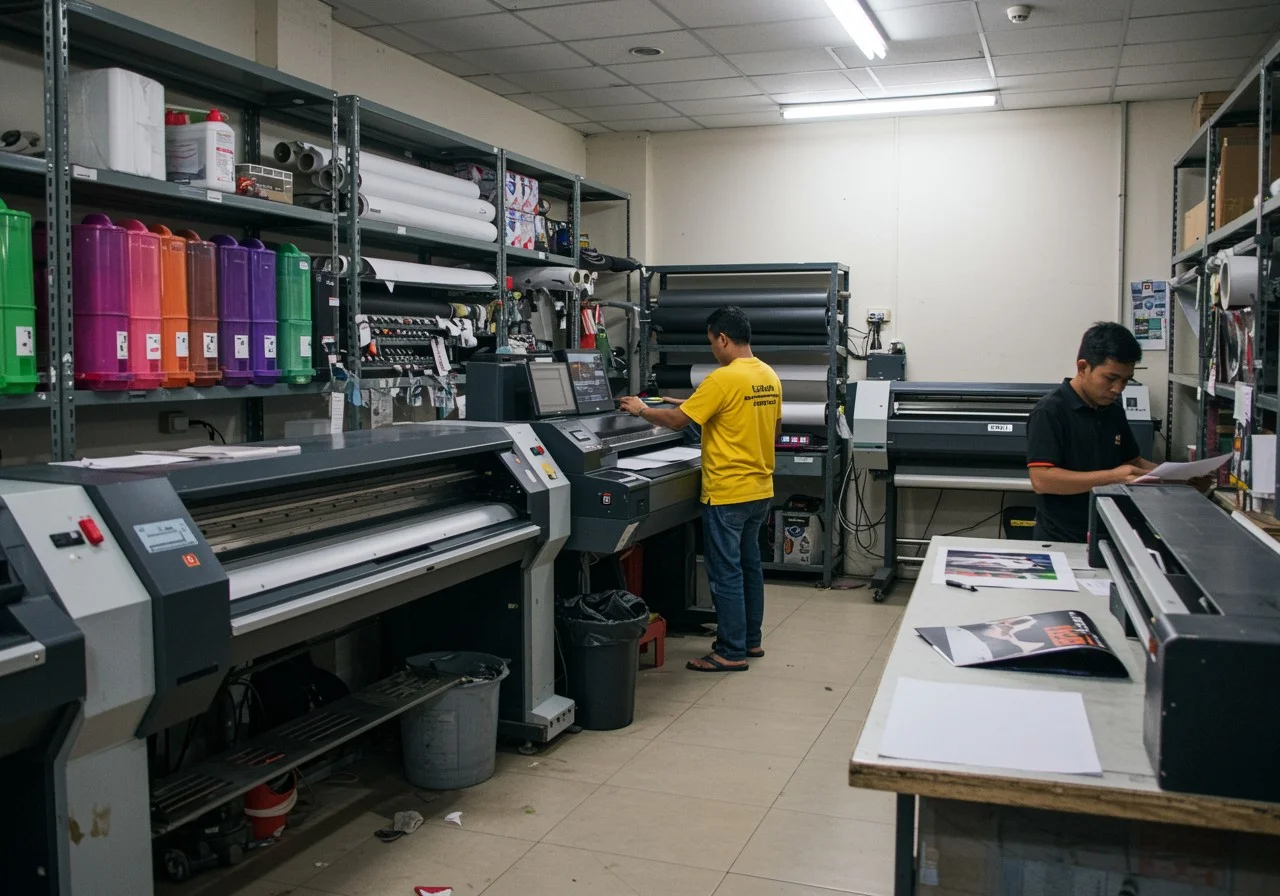 Ruang produksi digital printing dengan beberapa mesin large format dan dua operator yang bekerja, menggambarkan biaya operasional printshop per bulan pada skala kecil.