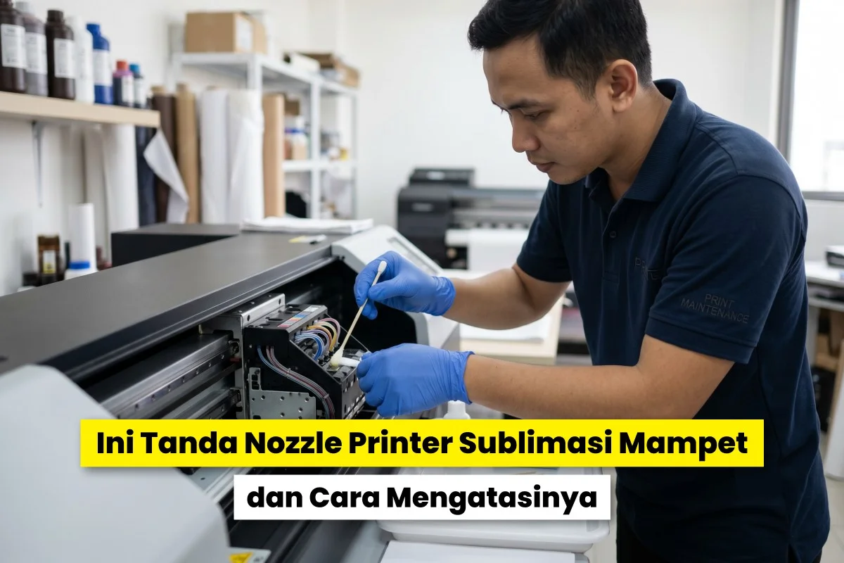 Teknisi membersihkan bagian printhead printer sublimasi di workshop sebagai langkah cara bersihkan nozzle printer sublimasi yang mampet.