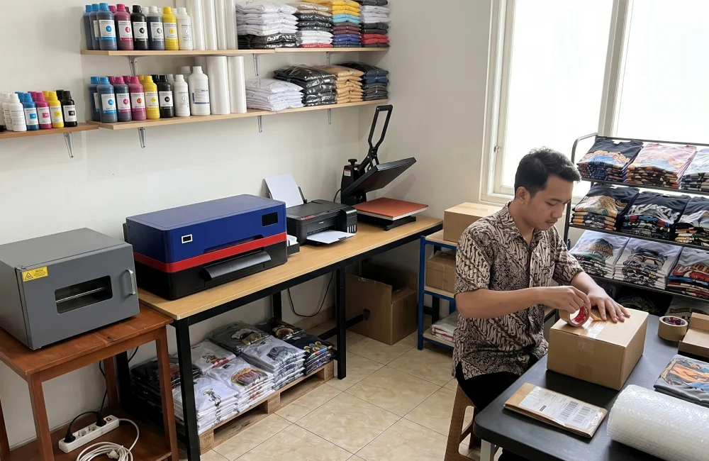 Ruang kerja home-based digital printing dengan printer, tinta, kaos, dan proses pengemasan pesanan. Cocok sebagai contoh pilih lokasi usaha digital printing untuk modal terbatas.