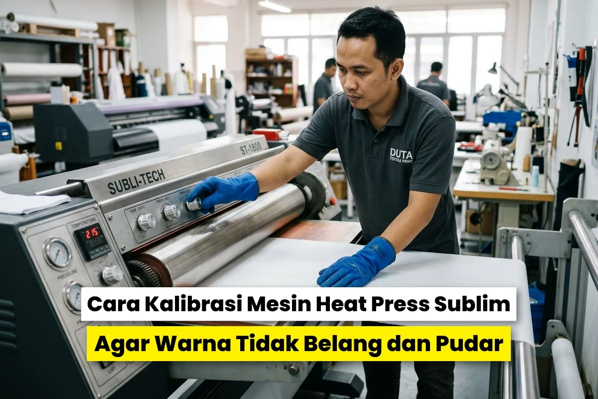 Operator mengatur mesin heat press sublim di workshop untuk memastikan hasil cetak tidak belang sebagai bagian dari cara kalibrasi mesin heat press sublim.