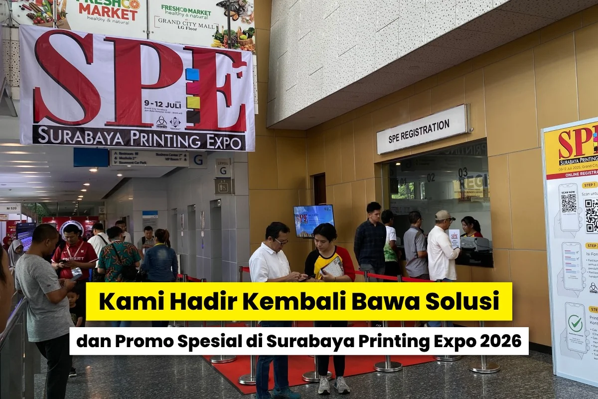 Area registrasi Surabaya Printing Expo di Grand City Surabaya dengan pengunjung yang hadir untuk melihat teknologi digital printing terbaru di laysander SPE 2026.